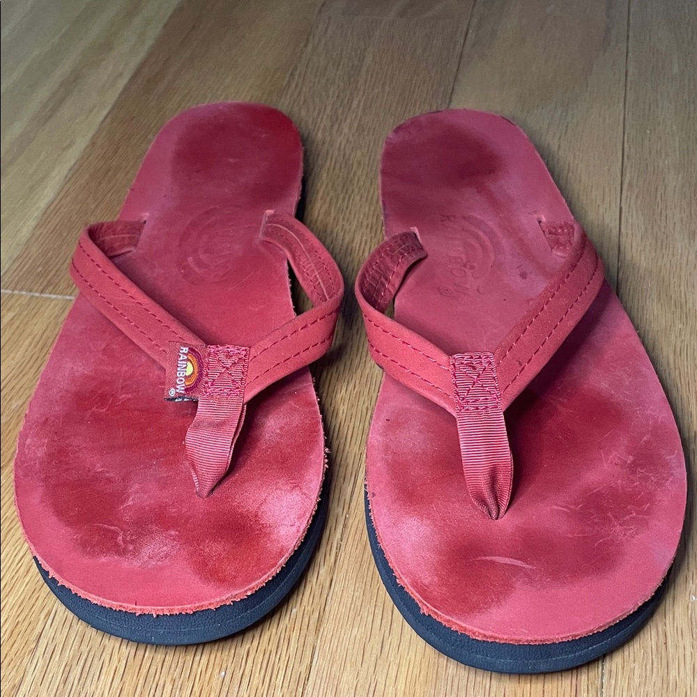 Vintage Rainbow Womens Single Layer Sandals in Red Leather Size M